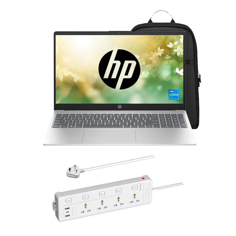 Picture of HP 15 - 12th Gen Intel Core i5-1235U 15.6" 15-fd0070TU Thin & Light Laptop (8GB/ 512GB SSD/ Full HD Display/ Windows 11 Home/ MS Office/ 1 Year Warranty/ Natural Silver/ 1.59Kg)+ Portronics Power Plate 19 Multi Plug, 2 USB Ports, 1 Type-C Part, 4 Socket Extension Boards + Laptop Bag